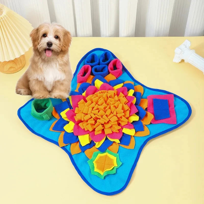 Dog sniffing treats hidden in the snuffle mat