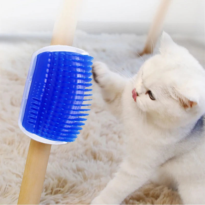 Corner self-groomer cat brush mounted on a wall corner