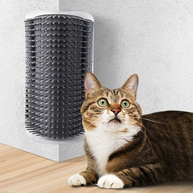 Cat rubbing its cheek on the corner self-groomer